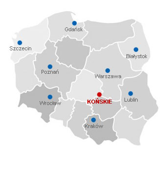 Na ilustracji mapa Polski z podziałem na województwa i zaznaczonym położeniem miejscowości Końskie